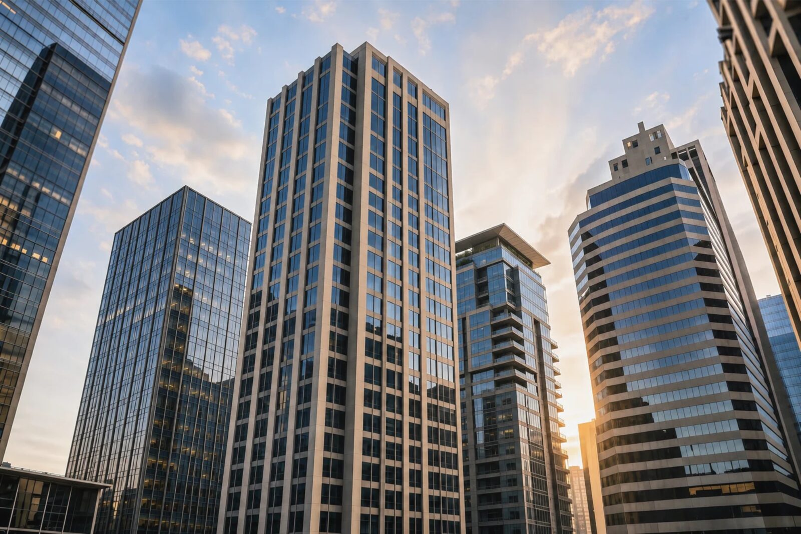 Downtown Orange County office towers at dusk